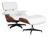 Fauteuil Lounge + ottoman Eames en cuir blanc avec pied noir et chrome