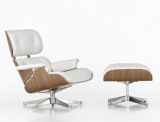 Fauteuil Lounge + ottoman Eames en cuir blanc et pieds chromés